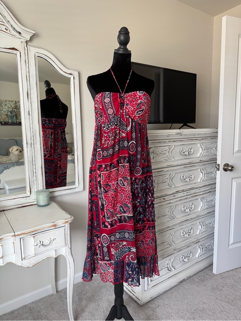 Y2K Maurices Red Paisley Strapless or Halter Midi Dress